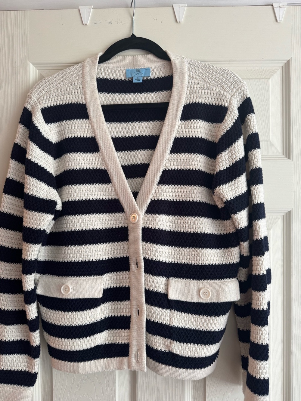 CeCe blue & Cream Striped V-Neck Cardigan